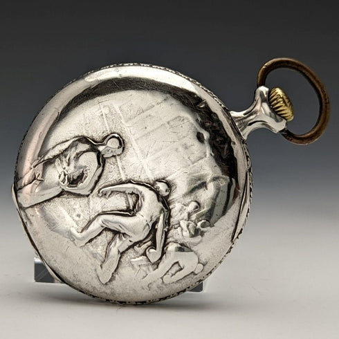 古董瑞士 PRIVILEGE 保齡球雕刻銀色側懷錶,工作狀況良好